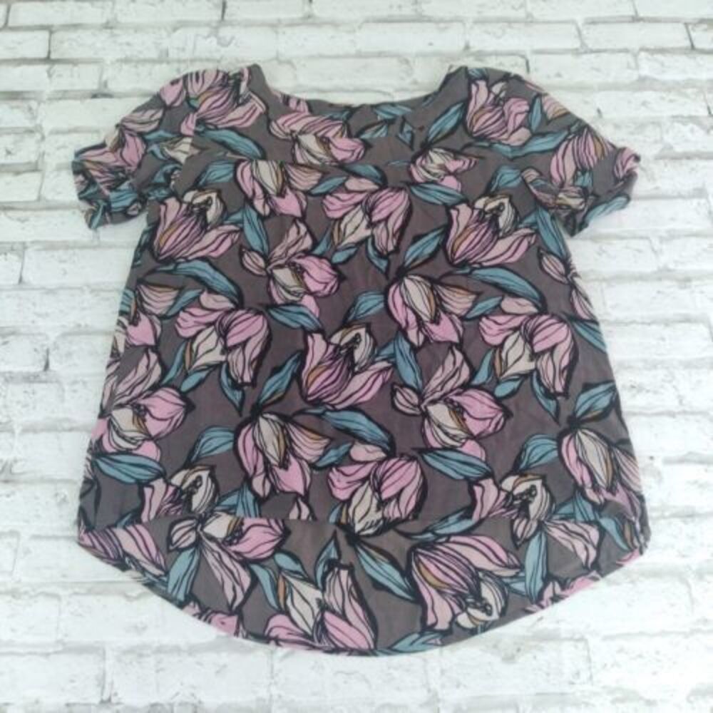 Loft Blouse Womens Small Gray Pink Floral Short Sleeve Cuffed High Low Hem Rayon